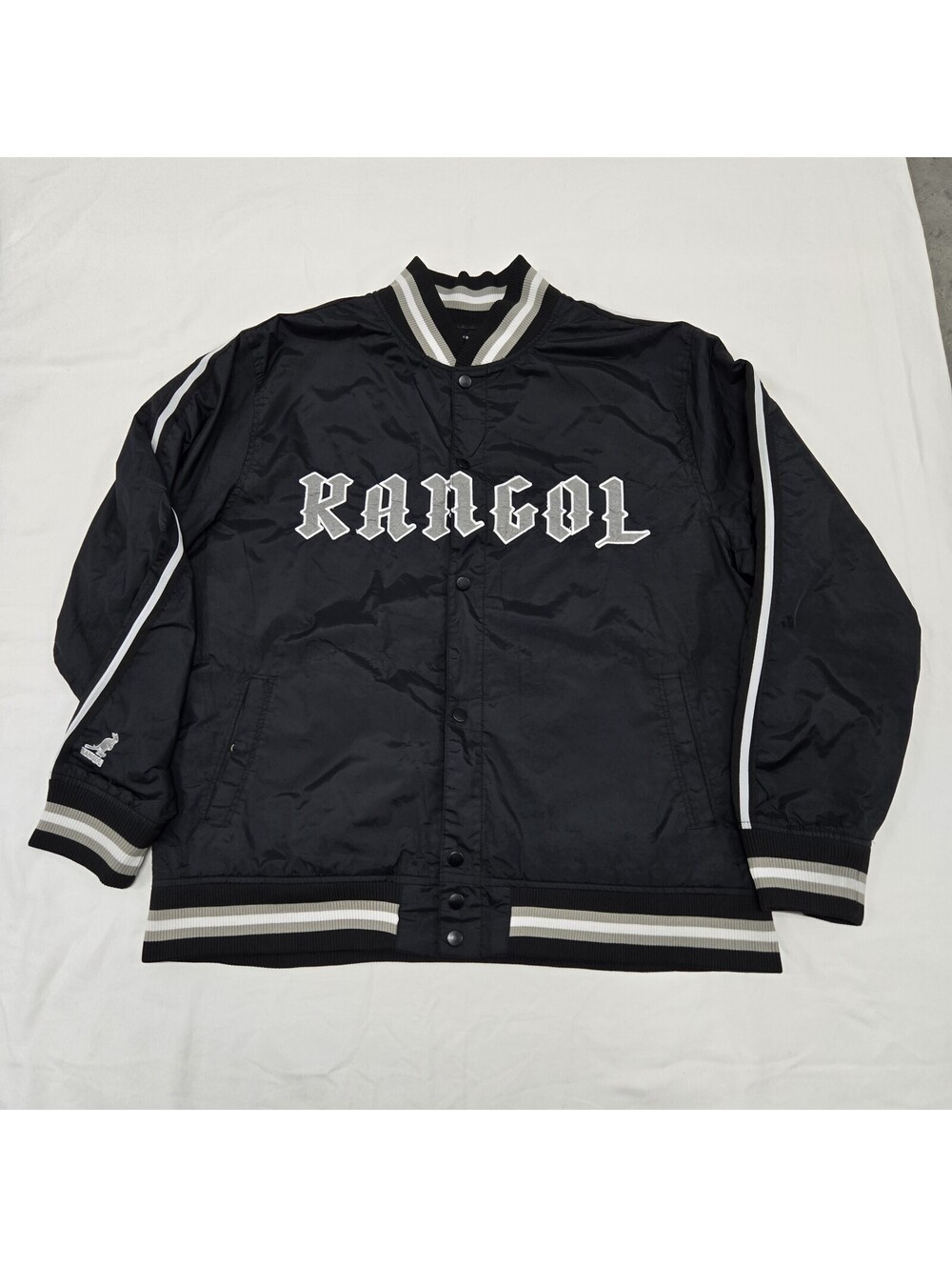 Size XXL Men's Kangol Satin Bomber Jacket Black White & Grey Embroidered Varsity